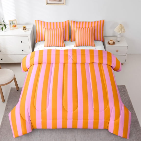 Feelyou Orange Pink Striped Bedding Comforter Set 7pcs for Kids, Abstract Ombre Queen Bedding Sets, Modern Fashion Reversible Queen Sheet Sets, Breathable Home Decor