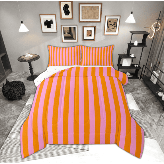 Feelyou Orange Pink Striped Full Size Comforter Sets for Kids, Abstract Ombre Bedding Comforter Set, Modern Fashion Reversible Bedding Sets, Breathable Home Decor, 3pcs