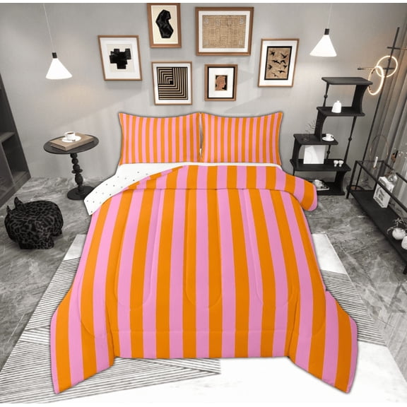 Feelyou Orange Pink Striped Queen Comforter Set for Kids, Abstract Ombre Bedding Sets, Modern Fashion Reversible Bedding Comforter Set, Breathable Home Decor, 3pcs