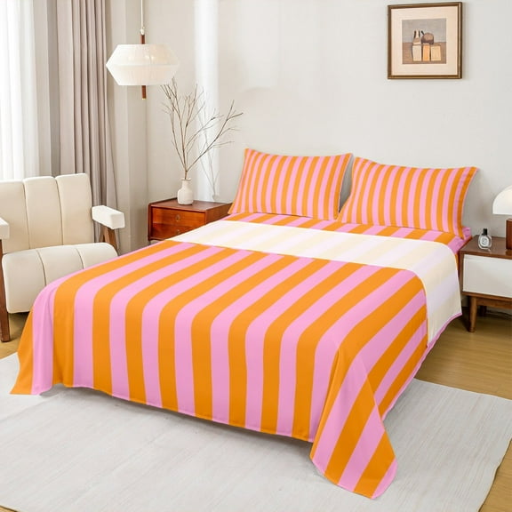 Feelyou Orange Pink Striped Queen Sheet Sets for Kids, Abstract Ombre Flat Sheet, Modern Fashion Queen Fitted Sheet, Breathable Home Decor, 4pcs