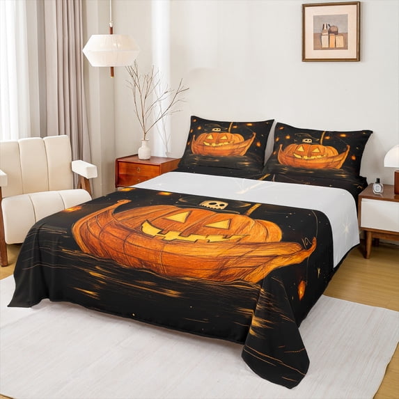 Feelyou Orange Pumpkin Boat Full Size Sheets, Cartoon Ghost Skull Bed Sheets, Halloween Nautical Style Sheet Sets, Ultra Soft Home Decor, 4pcs