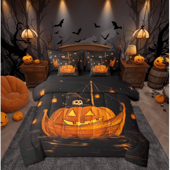 Feelyou Orange Pumpkin Boat Twin Bedding Sets 7-Piece, Cartoon Ghost Skull Bedding Comforter Set, Halloween Nautical Style Reversible Sheet Sets, Ultra Soft Home Decor