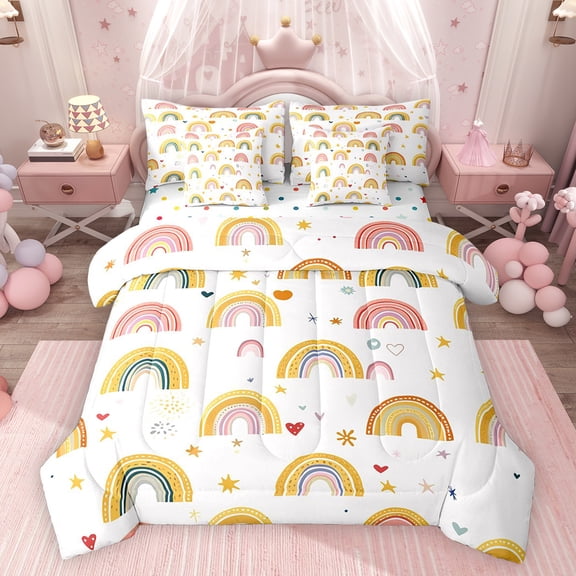 Feelyou Orange Rainbow Child Twin Bedding Sets 7pcs, Stars Love Heart Comforter Set