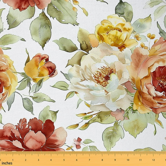 Feelyou Orange Rustic Floral Fabric by the Yard 10 Yards for Kids, Watercolor Flower Room Decor Fabric by the Yard, Vintage Fashion Fabric for Sewing, Super Cozy Room Decor