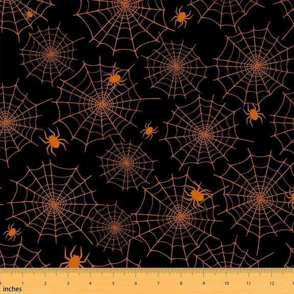 Feelyou Orange Spider Web Fabric by the Yard 5 Yards, Kawaii Cartoon Spider Home Decor Fabric by the Yard, Gothic Halloween Style Sewing Fabric, Ultra Soft Home Decor