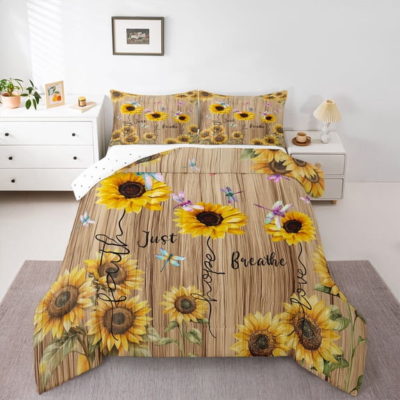 Feelyou Orange Sunflower Full Size Comforter Sets, Dragonfly Animal Bedding Sets, 3pcs