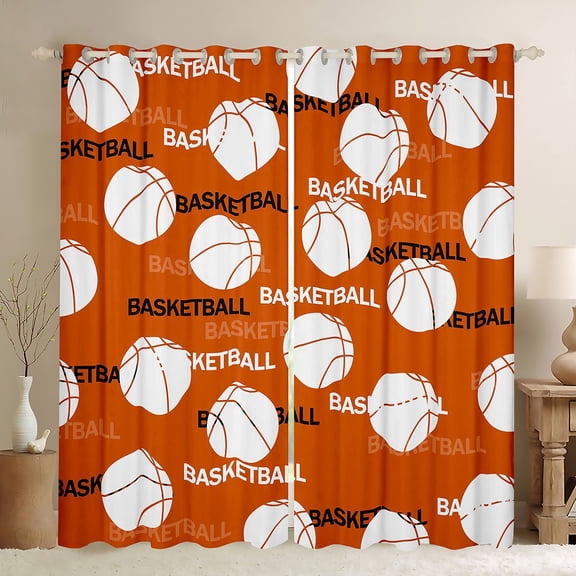 Feelyou Orange Volleyball Print Black Out Curtains for Kid, Cartoon Football Lover Curtains Pack of 2 (42x63 Each), Eat Sleep Sport Bedroom Curtains, Living Room Curtains Decor