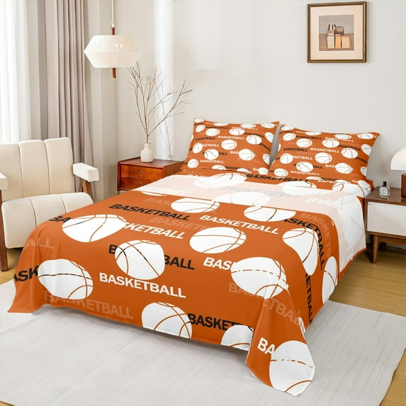 Feelyou Orange Volleyball Print Twin Sheet Sets for Kid, Cartoon Football Lover Twin Fitted Sheet, Eat Sleep Sport Flat Sheet, Breathable Home Decor, 3pcs