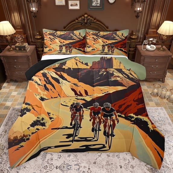 Feelyou Outdoor Cycling Full Size Comforter Sets for Teens, Speed Sports Lover Bedding Comforter Set, Countryside Mountain Reversible Bedding Sets, Ultra Soft Bedroom Decor, 3 Pieces