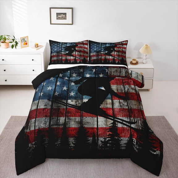 Feelyou Outdoor Skiing Sport Bedding Comforter Set for Teen, Vintage US Flag Print Twin Comforter Sets, Tree Botanical Plant Reversible Bedding Set, Breathable Home Decor, 2 Pieces