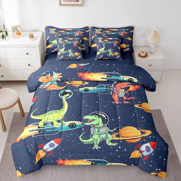 Feelyou Outer Space Dino Bedding Comforter Set 7pcs for Teens, Dreamy Rocket King Bedding Sets, Cute Cartoon Navy Reversible Bed Sheets, Breathable Home Decor