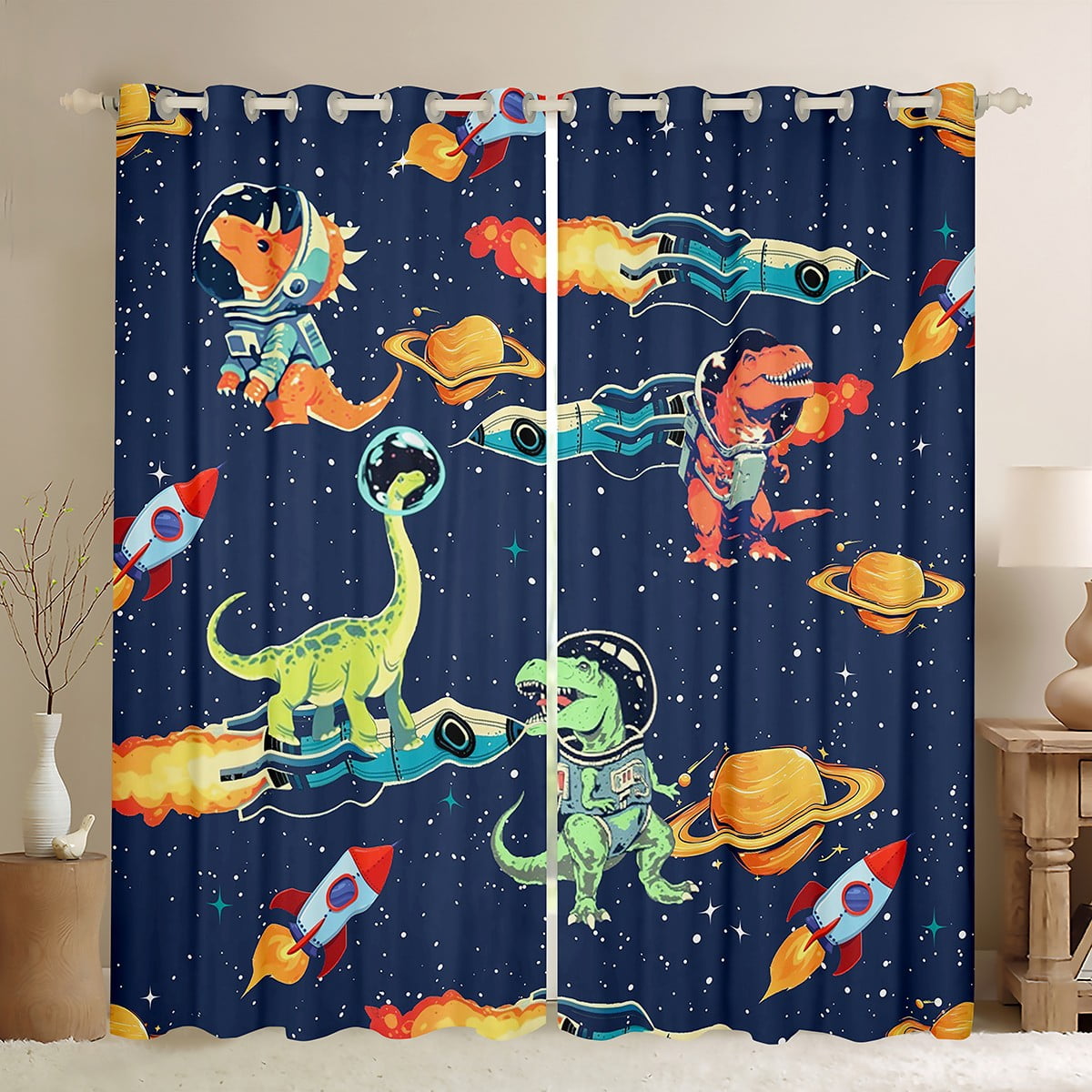 Feelyou Outer Space Dino Black Out Curtains for Teens, Dreamy Rocket Curtains Pack of 2 (42x63 Each), Cute Cartoon Navy Bedroom Curtains, Window Curtains Home Decor