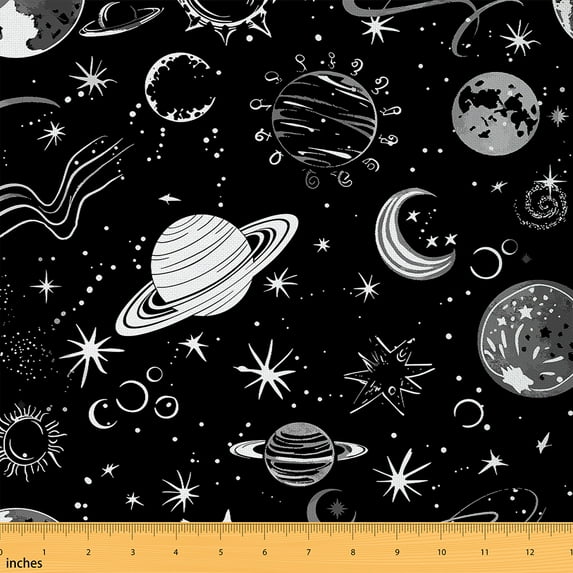 Feelyou Outer Space Fabric by the Yard 1 Yard for Kids, Cartoon Planet Home Decor Fabric by the Yard, Stars Moon Print Sewing Fabric, Ultra Soft Home Decor