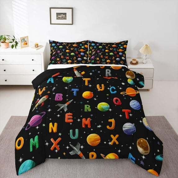 Feelyou Outer Space Full Size Comforter Sets, Cute Letter Bedding Sets, 3 Pieces