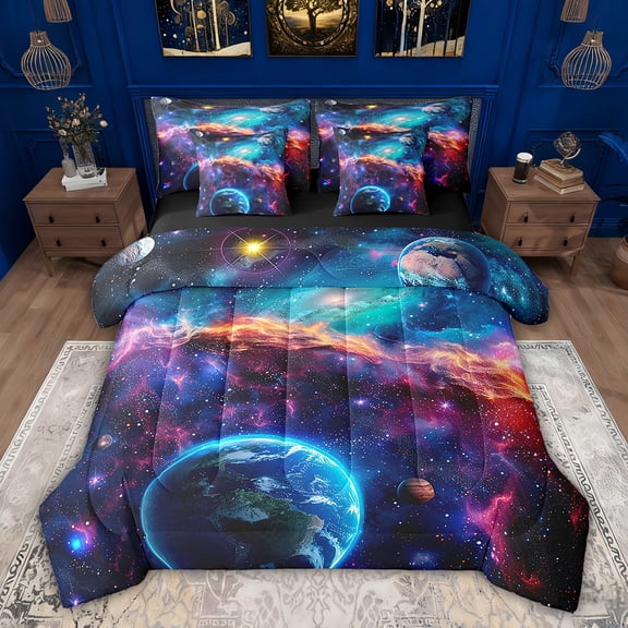 Feelyou Outer Space Planet Bedding Comforter Set 7pcs for Boy, Psychedelic Starry Sky King Bedding Sets, Glitter Stars Galaxy Reversible Bed Sheets, Ultra Soft Bedroom Decor