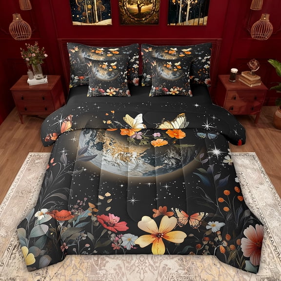 Feelyou Outer Space Planet Bedding Comforter Set 7pcs, Jungle Flower Floral Queen Bedding Sets, Rustic Farmhouse Plant Reversible Queen Sheet Sets, Luxury Bedroom Decor