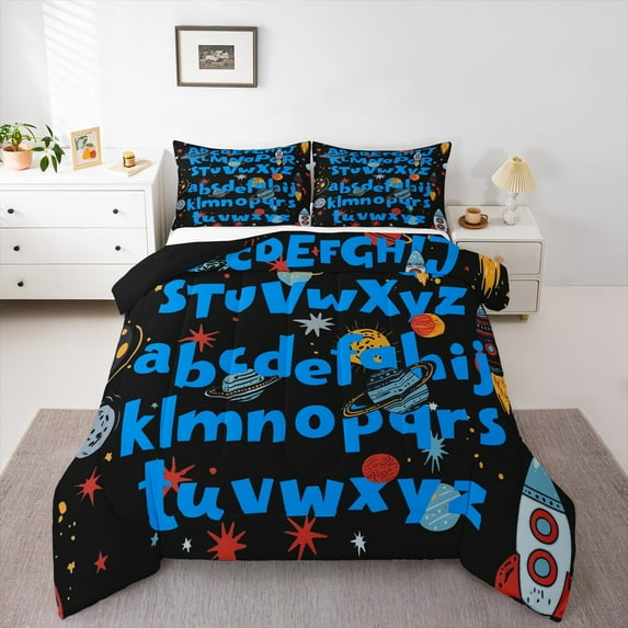 Feelyou Outer Space Planet Full Size Comforter Sets, Cartoon Rosket Print Bedding Comforter Set, Teens Boys Girls Kids Reversible Bedding Sets, Super Cozy Room Decor, 3-Piece