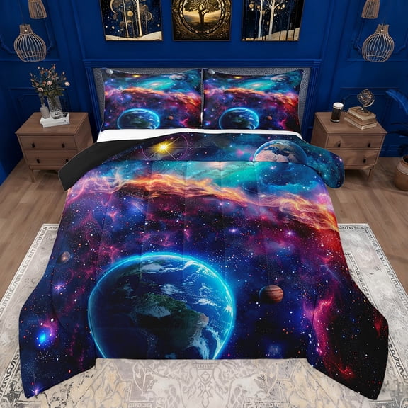 Feelyou Outer Space Planet Queen Comforter Set for Boy, Psychedelic Starry Sky Bedding Sets, Glitter Stars Galaxy Reversible Bedding Comforter Set, Ultra Soft Bedroom Decor, 3 Pieces