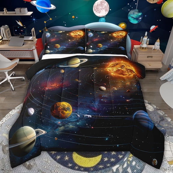 Feelyou Outer Space Planet Queen Comforter Set, Mystic Galaxy Bedding Comforter Set, 3pcs