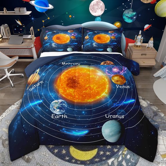 Feelyou Outer Space Queen Comforter Set, Planet Starry Sky Bedding Comforter Set, 3pcs