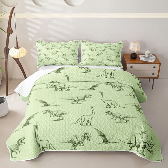 Feelyou Pale Green Vintage Dinosaur Twin Quilt Set for Boys Girls, Cartoon Animal Twin Coverlet Set, Green, 2 Pieces