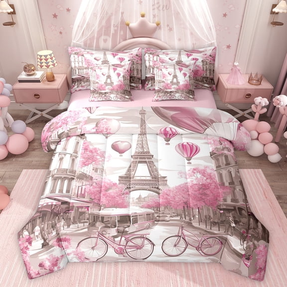 Feelyou Paris Eiffel Tower Bedding Comforter Set 7 Pieces, Pink Blossoms Flower Full Bedding Set, Romantic Valentine's Day Reversible Fitted Sheet Flat Sheet, Microfiber Bedroom Decor