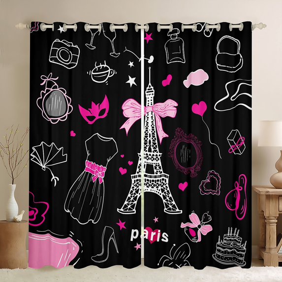 Feelyou Paris Eiffel Tower Blackout Curtains Set of 2 (52x84 Each), Princess Dance Party Window Curtains, Romantic Bowknot High Heel Curtains and Drapes, Window Curtains Bedroom Decor