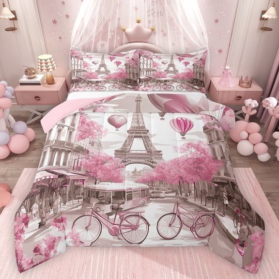 Feelyou Paris Eiffel Tower Queen Comforter Set, Pink Blossoms Flower Bedding Sets, Romantic Valentine's Day Reversible Bedding Comforter Set, Microfiber Bedroom Decor, 3pcs
