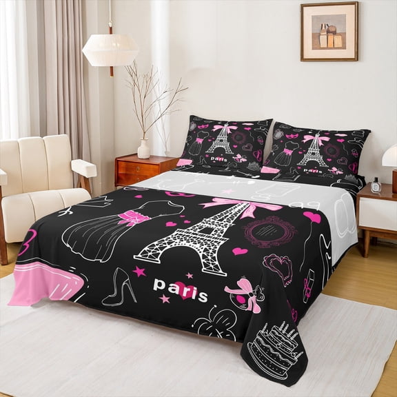 Feelyou Paris Eiffel Tower Queen Sheet Sets, Princess Dance Party Flat Sheet, Romantic Bowknot High Heel Queen Fitted Sheet, Microfiber Bedroom Decor, 4pcs
