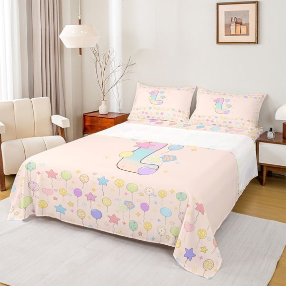 Feelyou Pastel Balloon Letter L Queen Sheet Sets for Boys Girls, Cute Monogram Bed Set, 4pcs