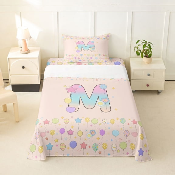 Feelyou Pastel Balloon Letter M Twin Sheet Sets for Boys Girls, Cute Monogram Bedding, 3-Piece