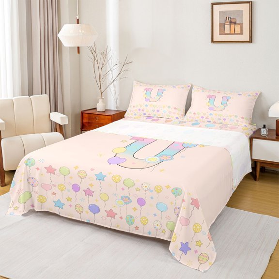 Feelyou Pastel Balloon Letter U Queen Sheet Sets for Boys Girls, Cute Monogram Bed Set, 4pcs