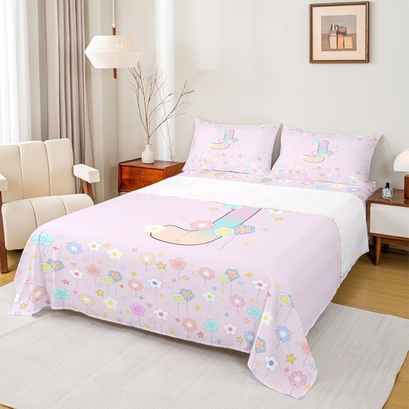 Feelyou Pastel Floral Letter J Print Queen Sheet Sets for Boys Girls, Spring Monogram Bed Set, 4pcs