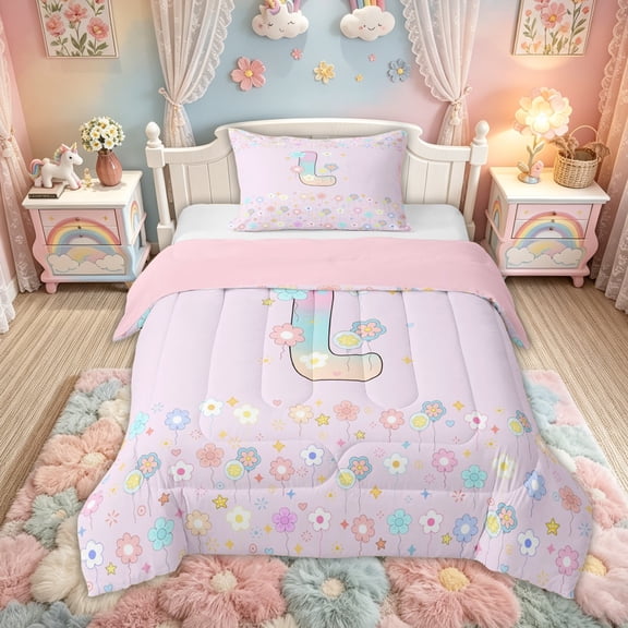 Feelyou Pastel Floral Letter L Print Twin Comforter Sets for Boys Girls, Spring Monogram Bedding Set, Pink Reversible, 2 Pieces