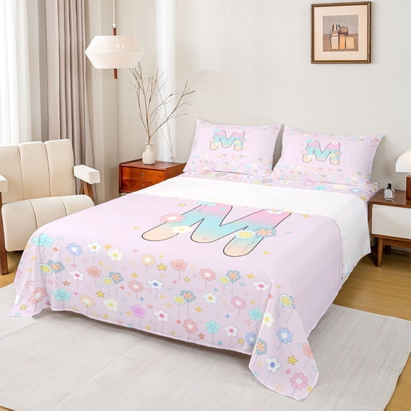 Feelyou Pastel Floral Letter M Print Queen Sheet Sets for Boys Girls, Spring Monogram Bed Set, 4pcs