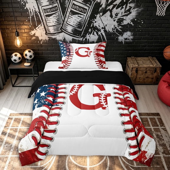 Feelyou Patriotic Baseball Letter G Twin Comforter Sets for Boys, USA Flag Sport Bedding Set, Red White Blue, Black Reversible, 2-Piece, 1 Comforter and 1 Pillowcase