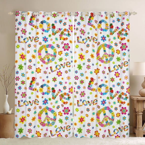 Feelyou Peace and Love Black Out Curtains, Hippie Floral Curtains Pack of 2 (42x63 Each)