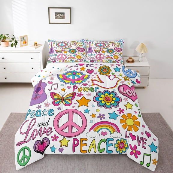Feelyou Peace and Love Queen Comforter Set, Groovy Butterfly Stars Bedding Set, 3pcs