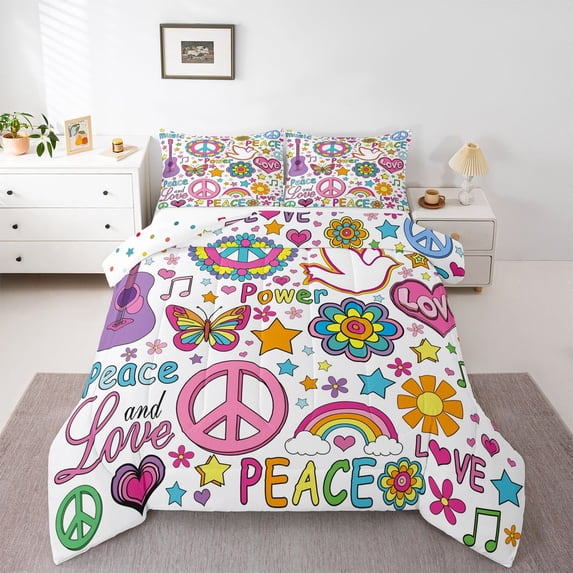 Feelyou Peace and Love Twin Comforter Sets, Groovy Butterfly Stars Bedding Set, 2-Piece