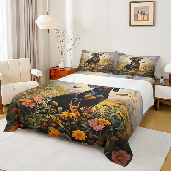 Feelyou Pet Dachshund Queen Sheet Sets, Garden Daisy Butterfly Flat Sheet, Animal Theme Queen Fitted Sheet for Kids Boys Girls