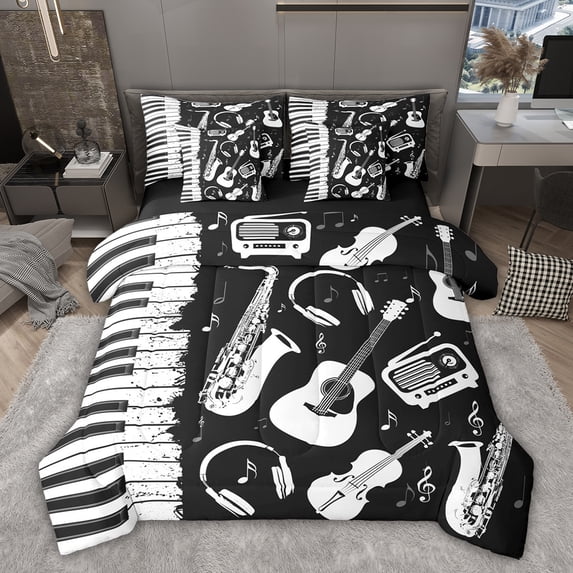 Feelyou Piano Guitar Teens Bedding Comforter Set 7pcs, Pop Music Style King Bedding Sets