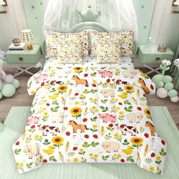 Feelyou Pig Horse Animal Bedding Comforter Set 7pcs, Farm Sunflower Queen Bedding Sets