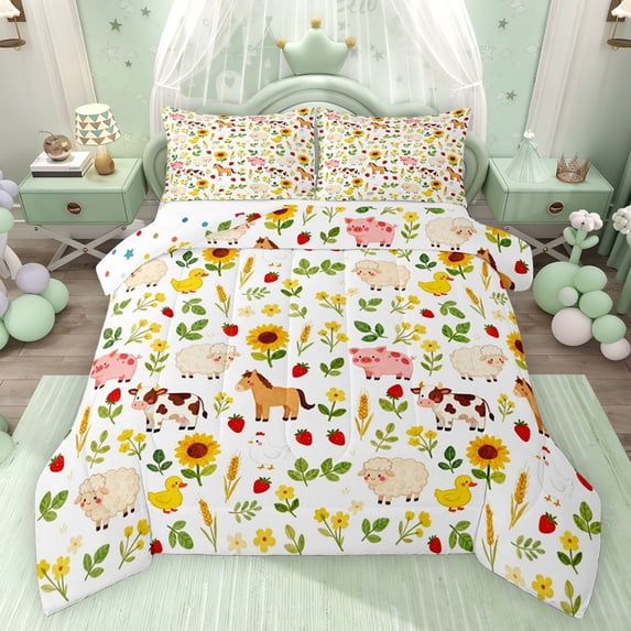 Feelyou Pig Horse Animal Queen Comforter Set, Farm Sunflower Bedding Comforter Set, 3pcs