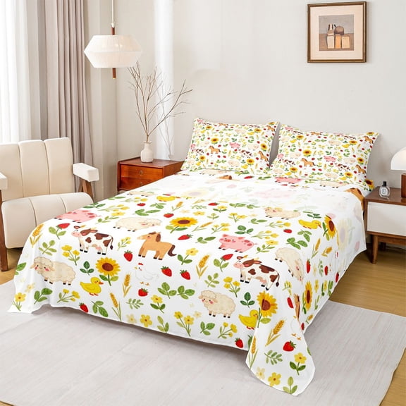 Feelyou Pig Horse Animal Twin Sheet Sets, Farm Sunflower Kids Bedding, 3 Pieces