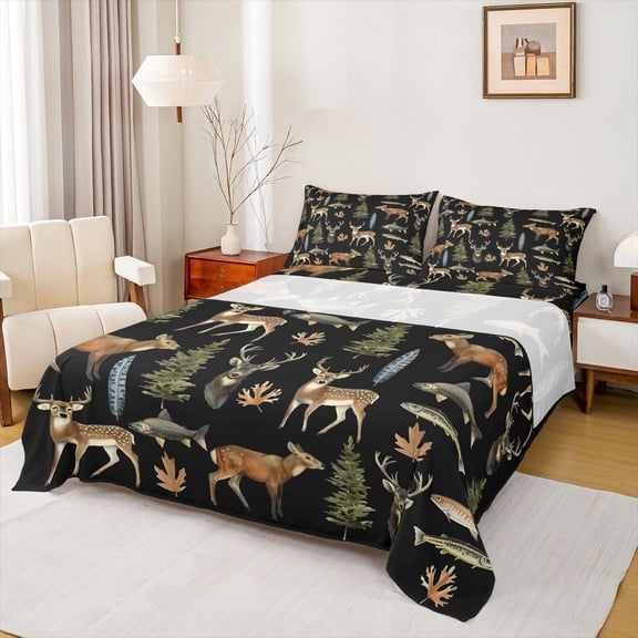 Feelyou Pike Fish Deer Boy Bed Sheets, Rustic Farmhouse Animal King Sheets, 4pcs