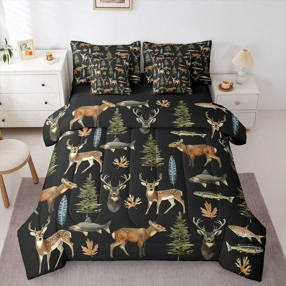 Feelyou Pike Fish Deer Boy Twin Bedding Sets 7pcs, Rustic Animal Bedding Comforter Set