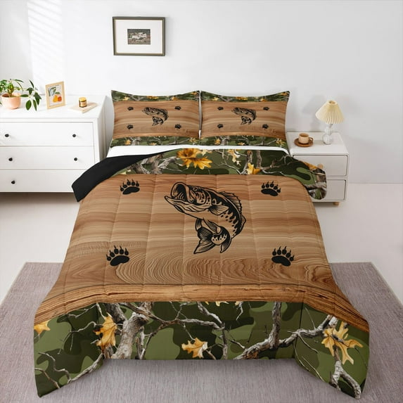 Feelyou Pike Fish Full Size Comforter Sets, Camouflage Bedding Sets, 3pcs