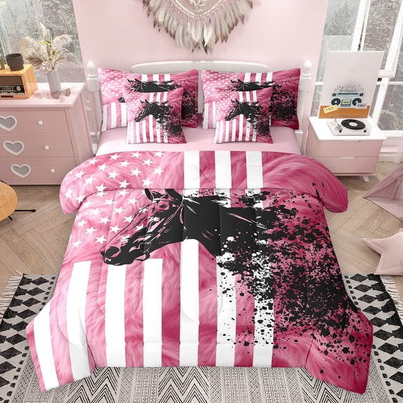 Feelyou Pink American Flag Bedding Comforter Set 7pcs, Fashion Cow Print King Bedding Sets