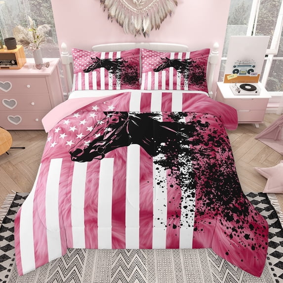 Feelyou Pink American Flag Twin Comforter Sets, Fashion Cow Print Bedding Set, 2pcs