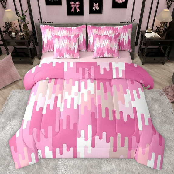 Feelyou Pink Art Abstract Bedding Comforter Set 7pcs, Fashion Watercolor Queen Bedding Sets, Teens Kids Girls Women Reversible Queen Sheet Sets, Ultra Soft Bedroom Decor
